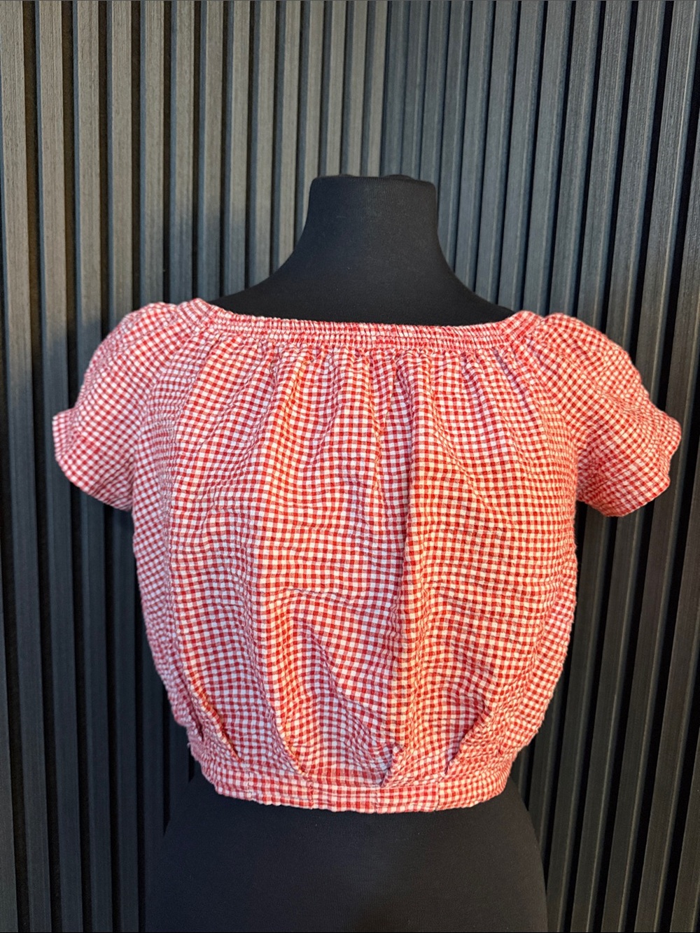Red Gingham Off-Shoulder Cropped Top
